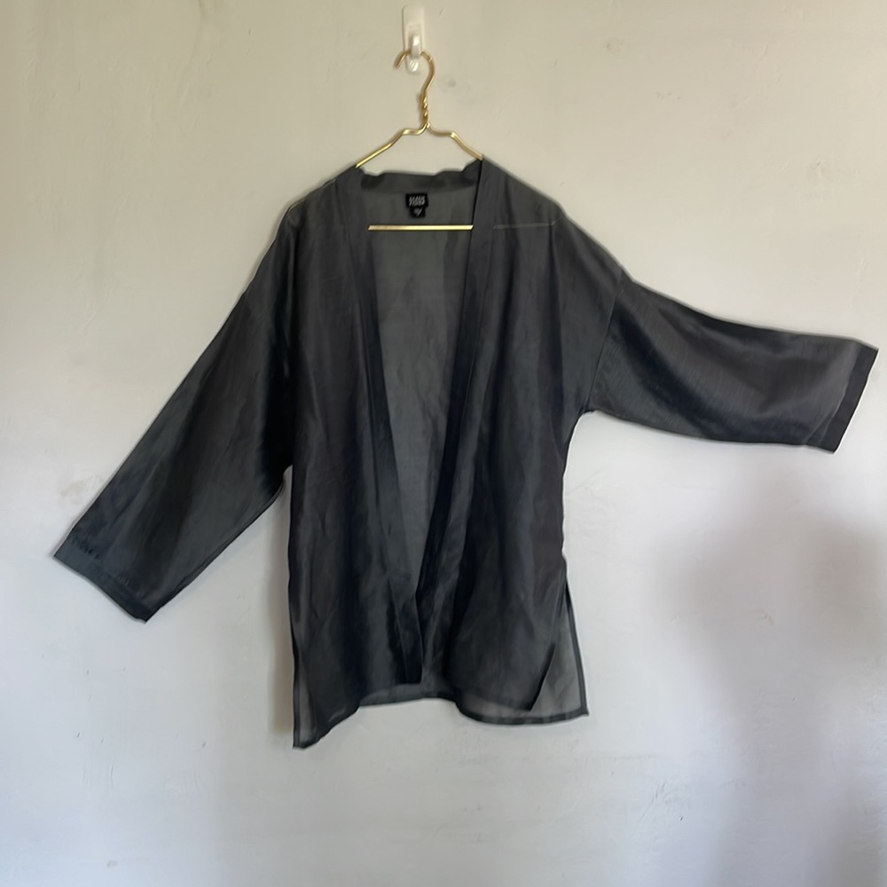 Eileen Fisher Kimono Style Linen Silk Blend Silver Gray Sheer Open Front Jacket - Picture 8 of 11